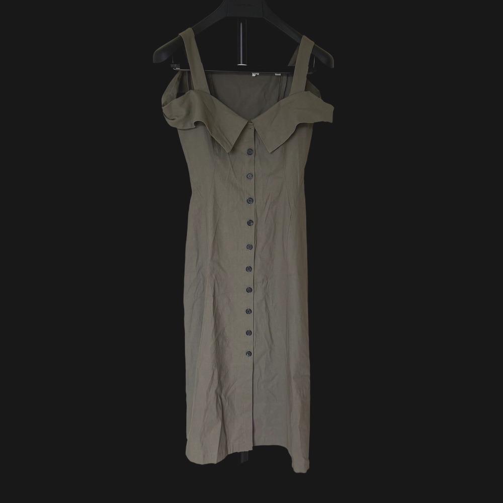 A.L.C. Olive Green Linen Blend Button Front Cold Shoulder Midi Dress Size 0